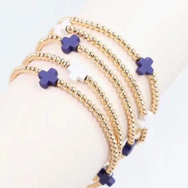 Navy and White Beaded Cross Bracelet Set