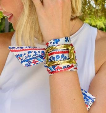 Navy and Red Floral Scarf with Gold Cuff Bracelet