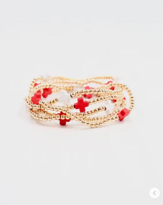 Red and White Beaded Cross Bracelet Set