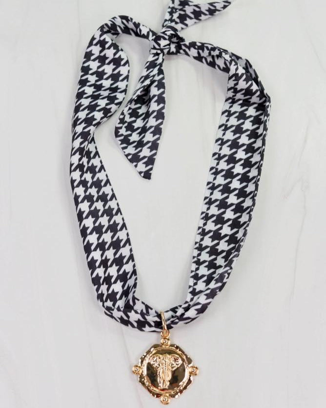 Houndstooth Scarf Necklace with Elephant Charm
