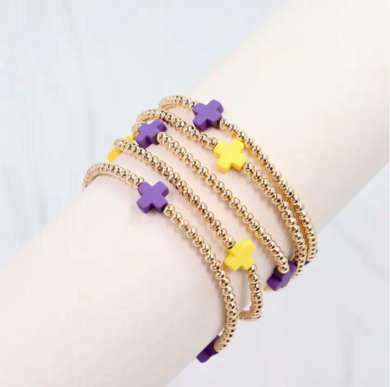 Purple and Gold Beaded Cross Bracelet Set