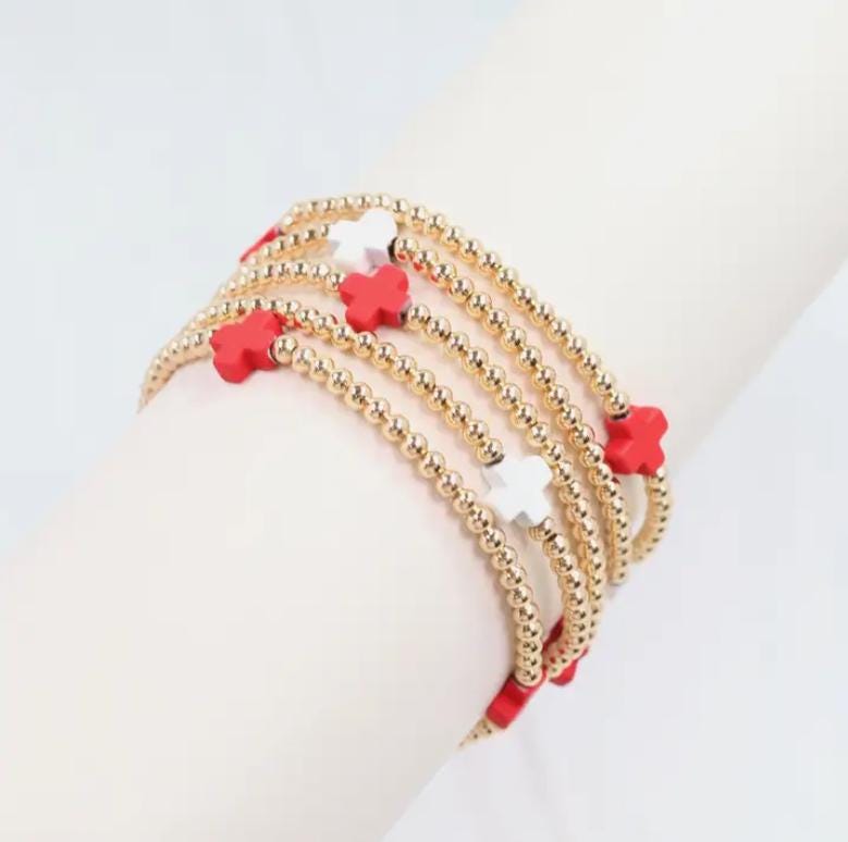 Red and White Beaded Cross Bracelet Set