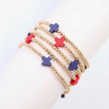 Red and Navy Beaded Cross Bracelet Set