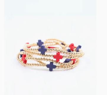 Red and Navy Beaded Cross Bracelet Set