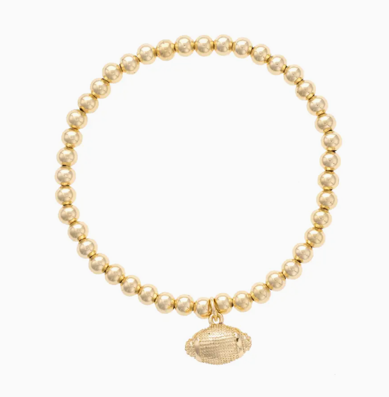 Gold beaded stretch bracelet with gold football charm for football fans.