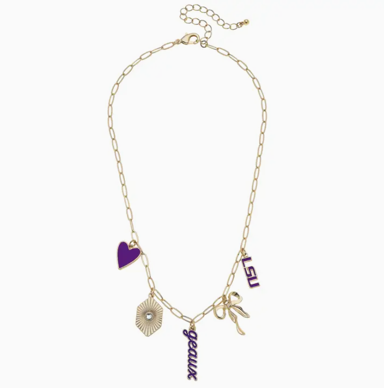 Purple and gold paper clip charm necklace for gameday and LSU sports fans.