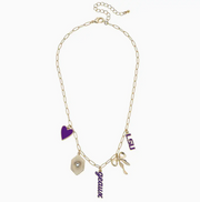 Purple and gold paper clip charm necklace for gameday and LSU sports fans.