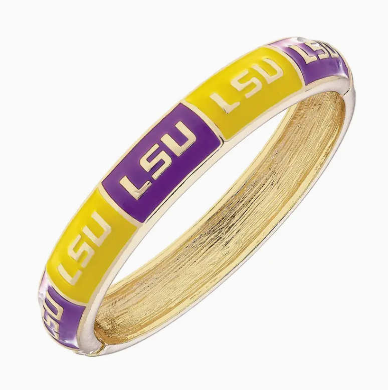 Purple and gold LSU hinged bangle bracelet for game day and LSU sports fans.
