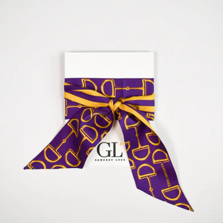 Purple and gold silk twilly scarf for game day and LSU sports fans.