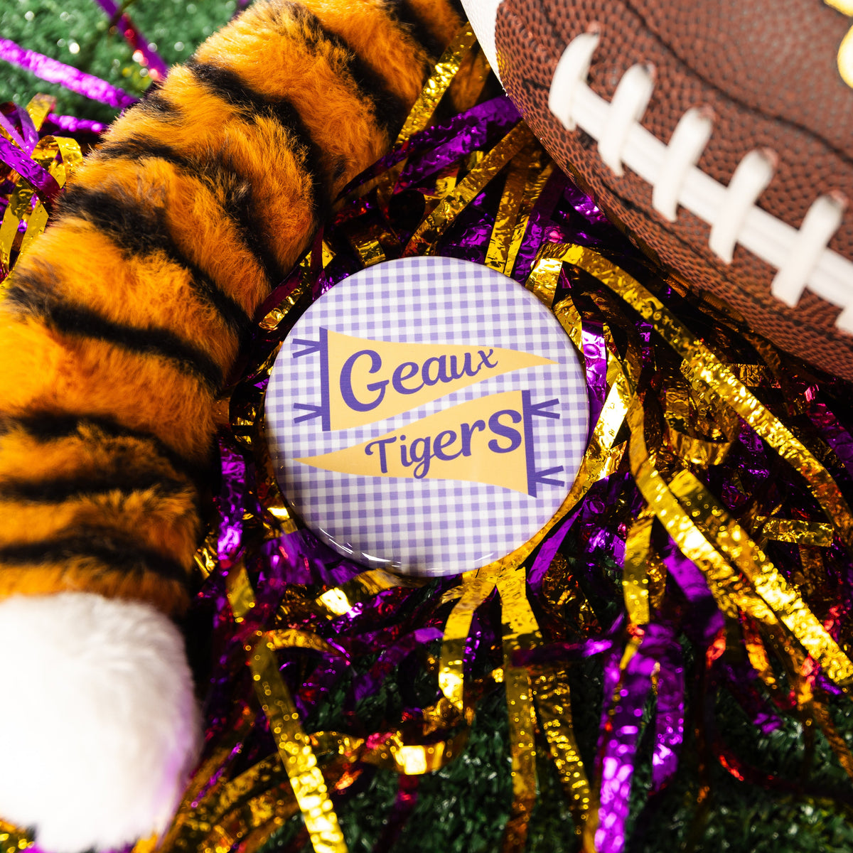 Geaux Tigers Button - Purple Gingham