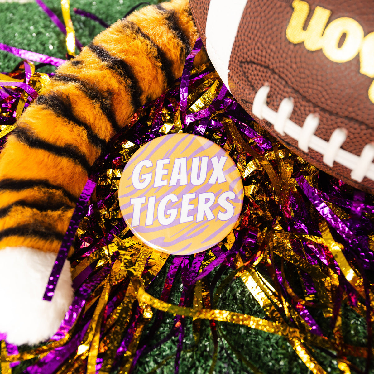 Geaux Tigers Button - Tiger Stripes