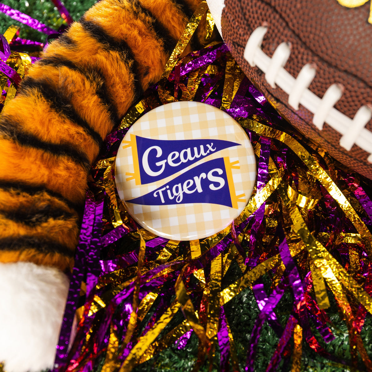 Geaux Tigers Pennant Button - Yellow Gingham