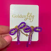 Purple and gold beaded bow shaped stud earrings for game day and LSU sports fans.
