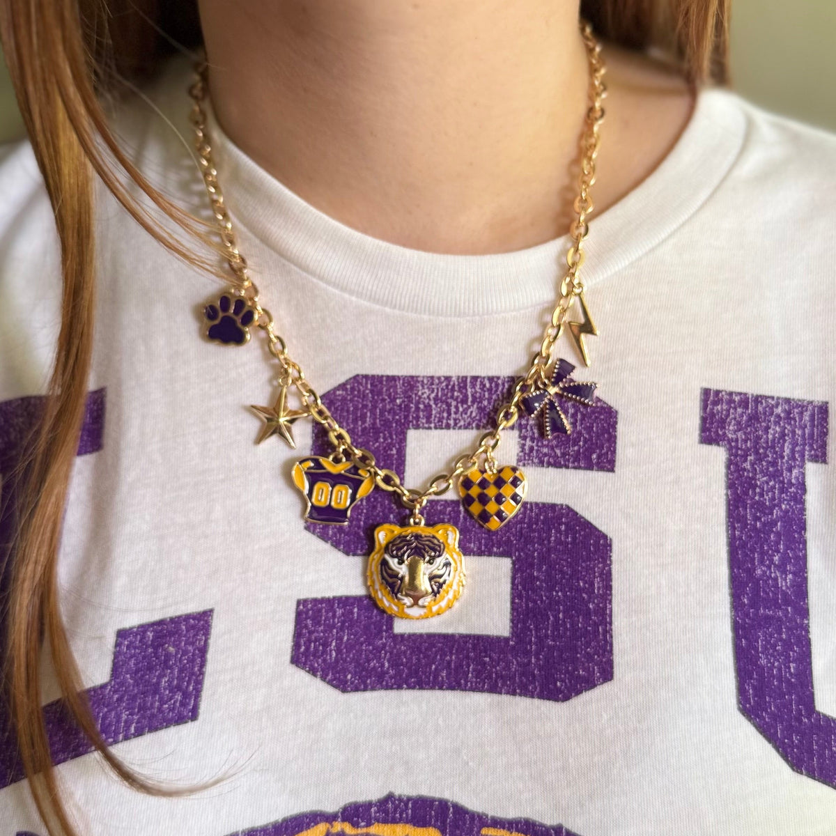 Purple and Gold Football Charm Necklace