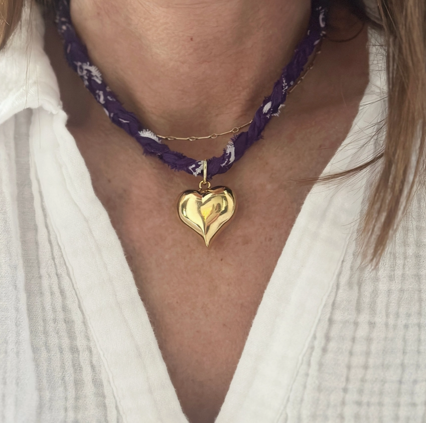 Purple bandana necklace with puffy gold heart charm for game day and LSU sports fans.