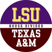 House divided game day button for LSU and Texas A&M fans.