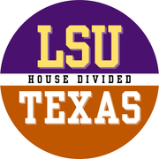 House divided game day button for LSU and Texas fans.