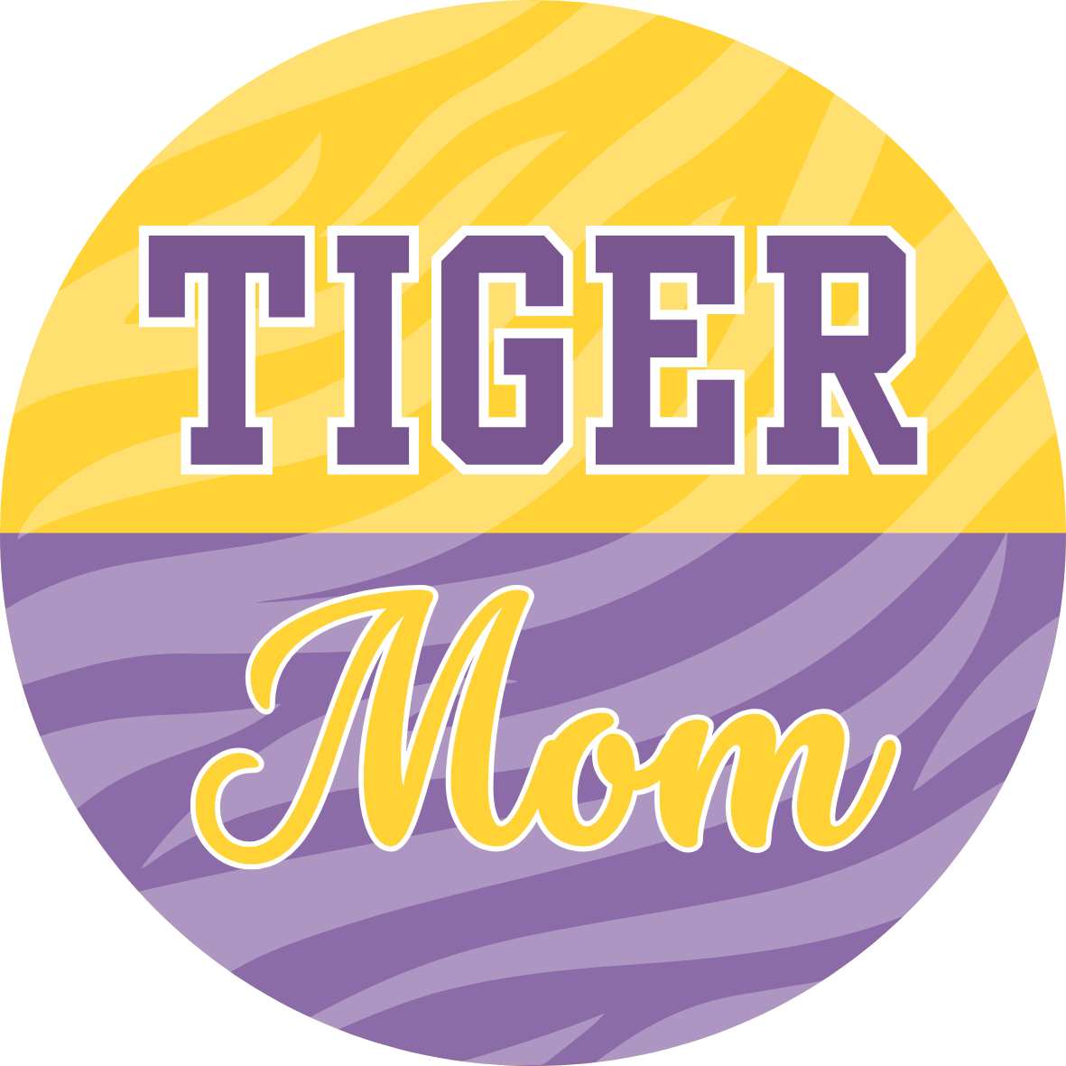 Tiger Mom game day button in purple and gold