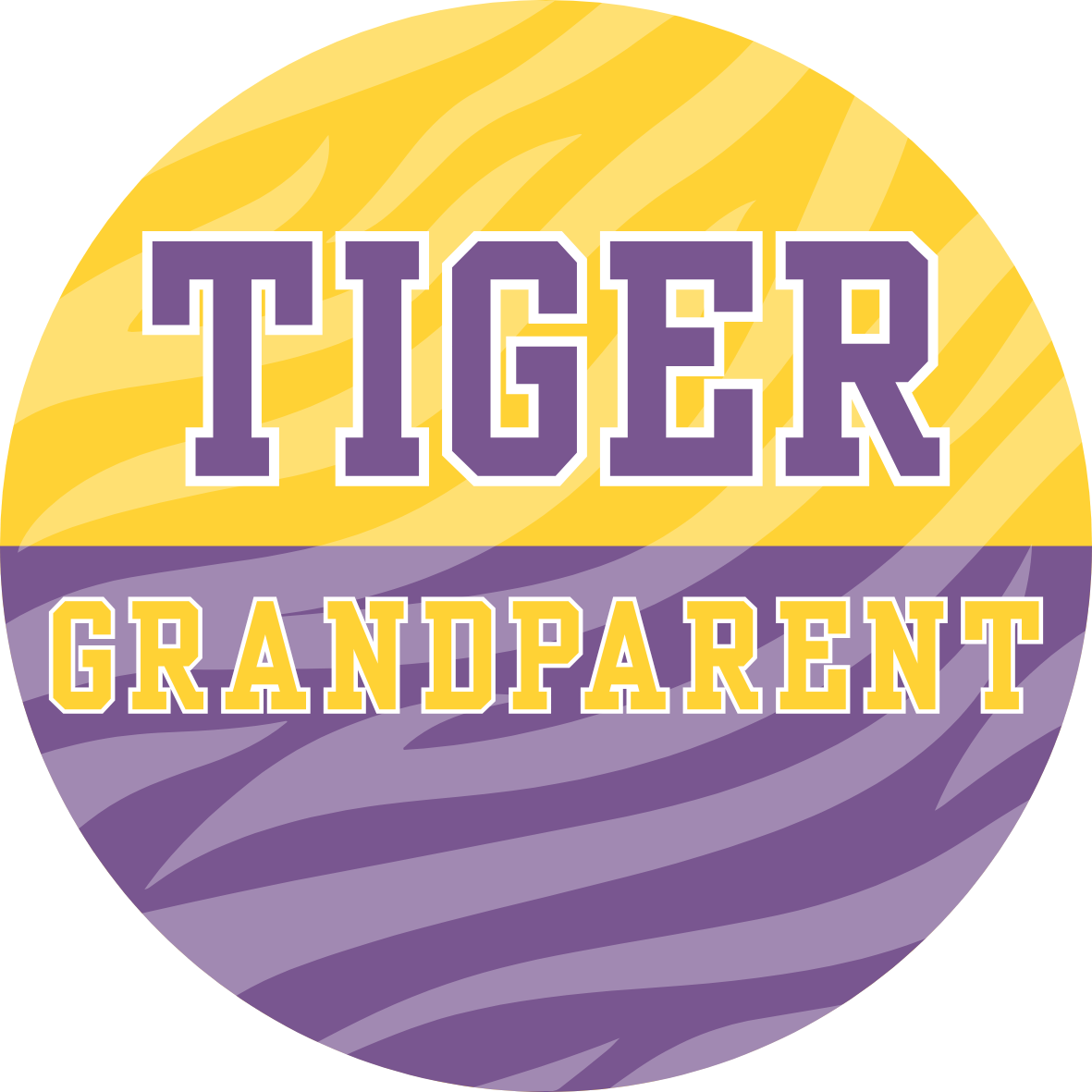 Tiger Grandparent game day button in purple and gold