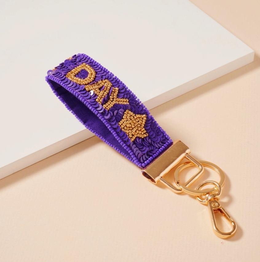Purple and Gold Beaded Gameday Keychain