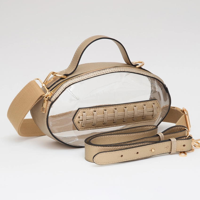 Gold leather football shaped clear purse for game day for LSU fans.