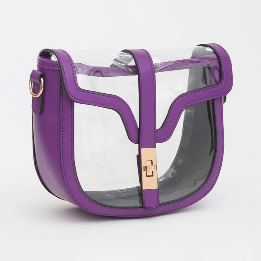 Purple leather saddle bag clear purse for game day and LSU fans.