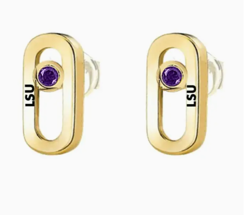 Gold hallow oval stud earrings with purple gemstone and LSU for game day and LSU sports fans.