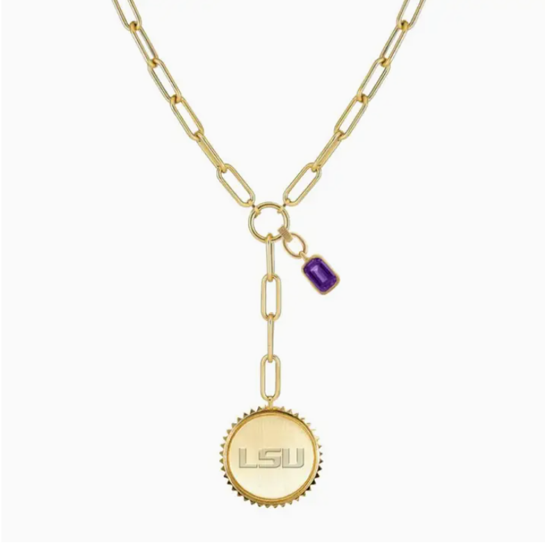 Gold paper clip chain necklace with LSU pendant and purple charm for game day and LSU sports fans.