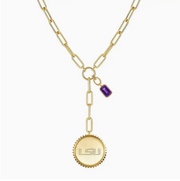 Gold paper clip chain necklace with LSU pendant and purple charm for game day and LSU sports fans.