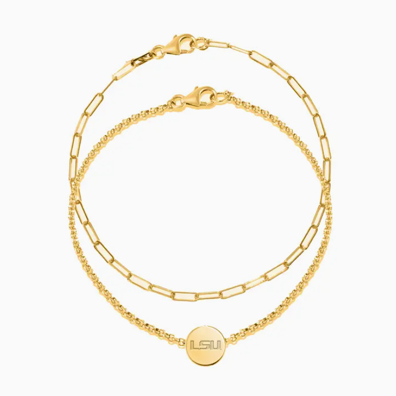 Gold bracelet set with paper clip chain and LSU charm for game day and LSU sports fans.