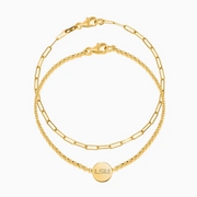 Gold bracelet set with paper clip chain and LSU charm for game day and LSU sports fans.