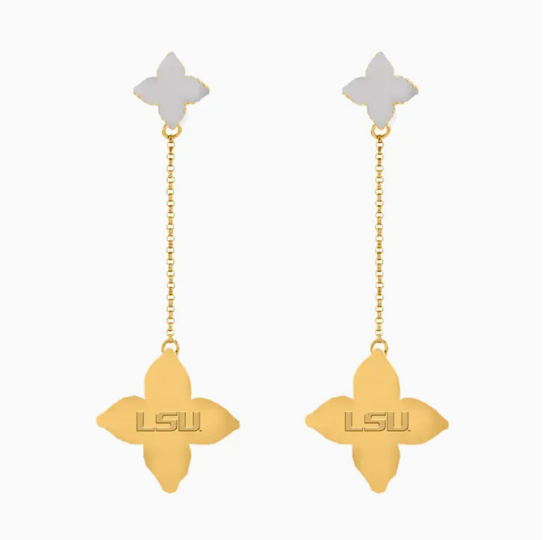 Gold teardrop quatrefoil LSU earrings for game day for LSU sports fans.