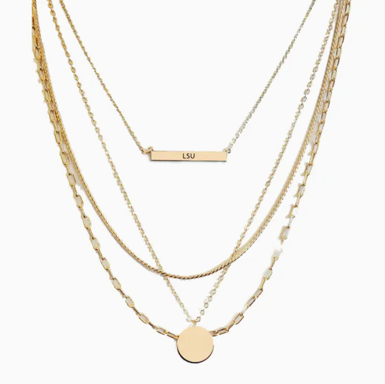 Gold layered multi chain necklace for LSU sports fans.