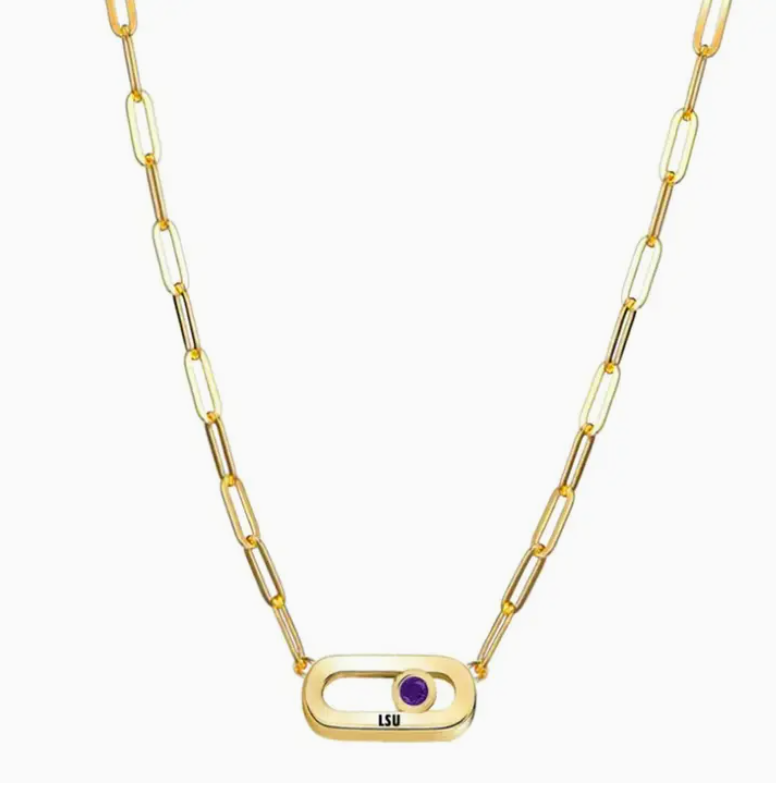 Gold paper clip chain with purple gemstone for gameday for LSU sports fans.