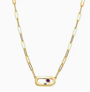 Gold paper clip chain with purple gemstone for gameday for LSU sports fans.