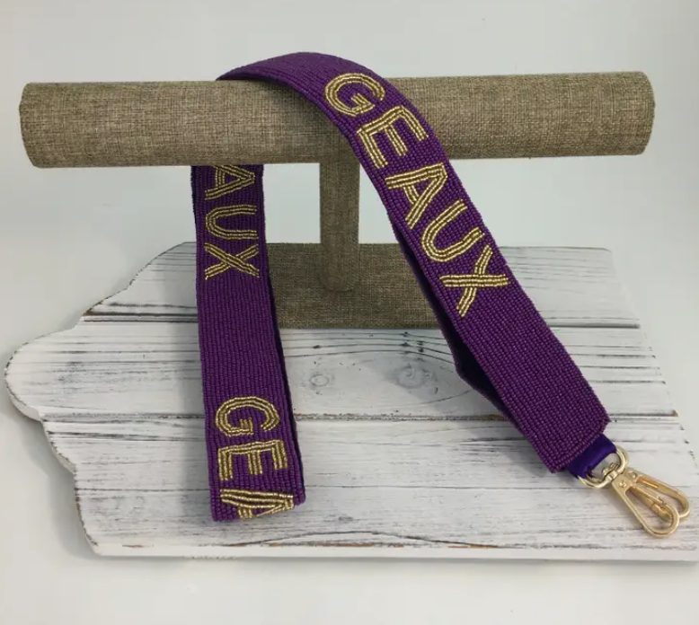Purple beaded purse strap with gold beaded GEAUX for game day and LSU sports fans.