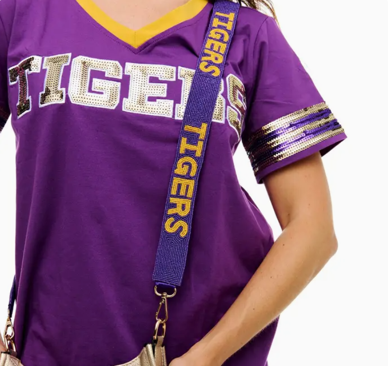 TIGERS Purple and Gold Beaded Purse Strap
