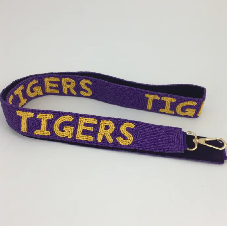 Purple and gold beaded purse strap for game day for LSU sports fans.