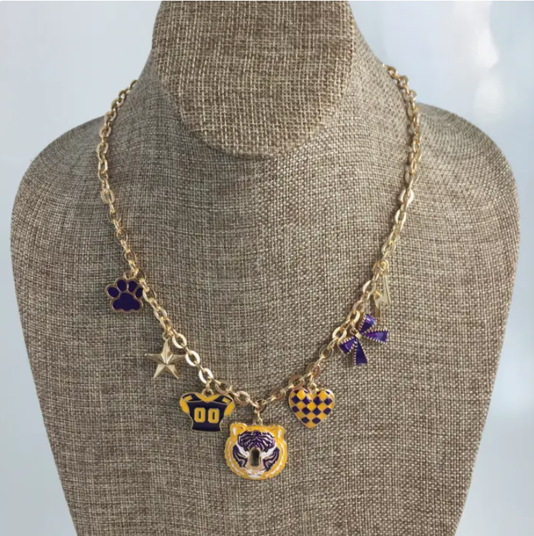 Purple and gold charm necklace featuring multiple enamel charms that would be perfect for LSU sports fans.