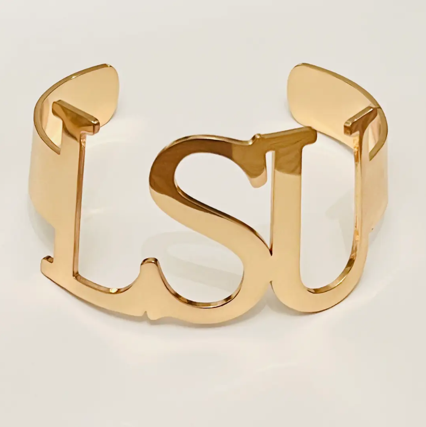 Gold LSU cuff bracelet for game day for LSU fans.