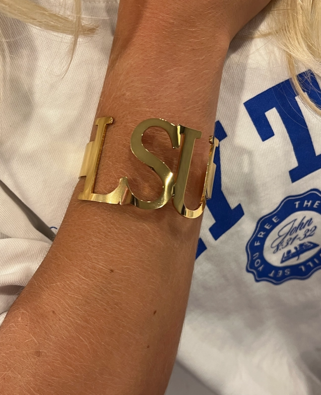 Gold LSU cuff bracelet for game day for LSU fans.