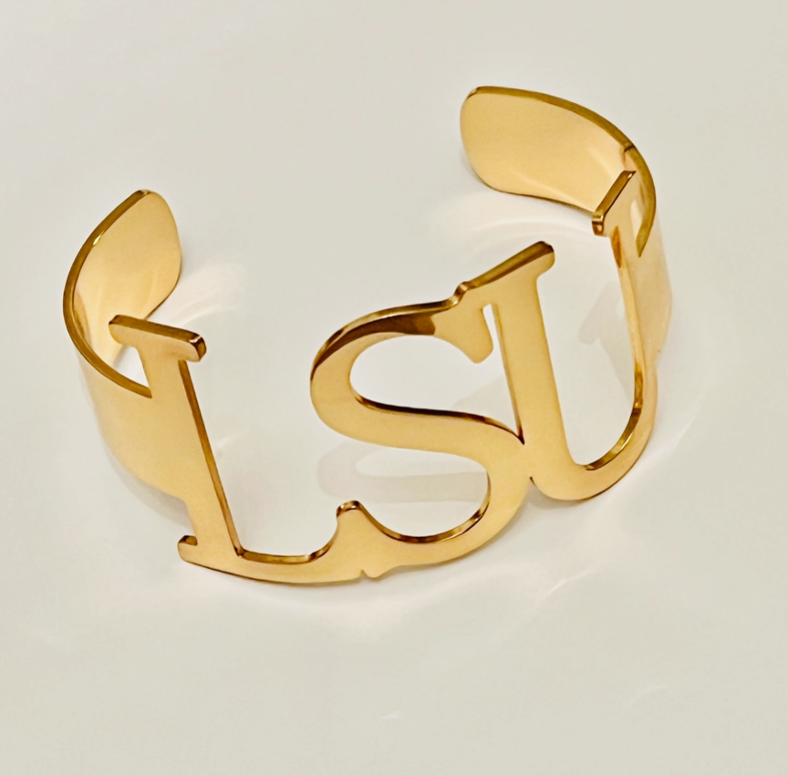 Gold LSU cuff bracelet for game day for LSU fans.