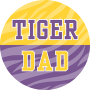 Tiger Dad game day button in purple and gold