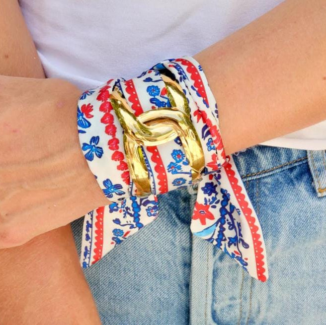 Navy and Red Floral Scarf with Gold Cuff Bracelet