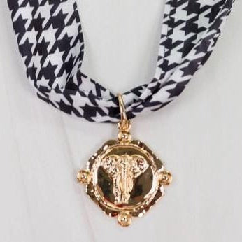 Houndstooth Scarf Necklace with Elephant Charm