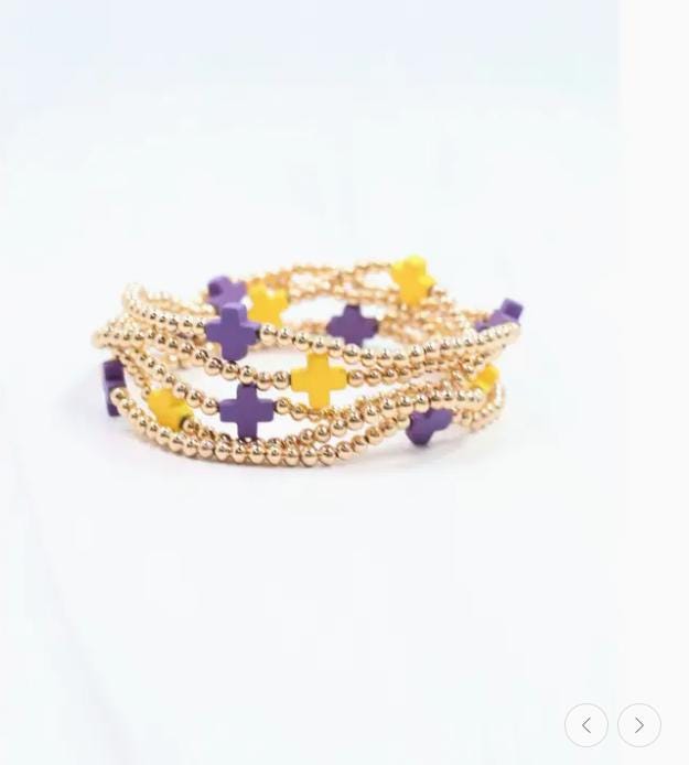 Purple and Gold Beaded Cross Bracelet Set